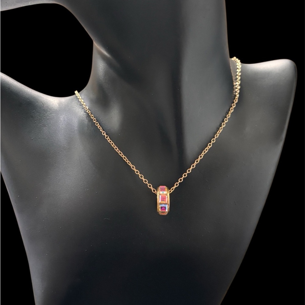 Elegant Gold Necklace Ring Pendant With Dazzling Iridescent Pave Crystals. NWT - Picture 2 of 6